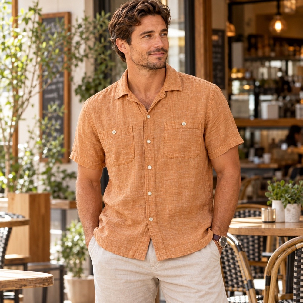 C&C California Linen Short Sleeve Shirt Mens Button Down Tangerine Orange Medium